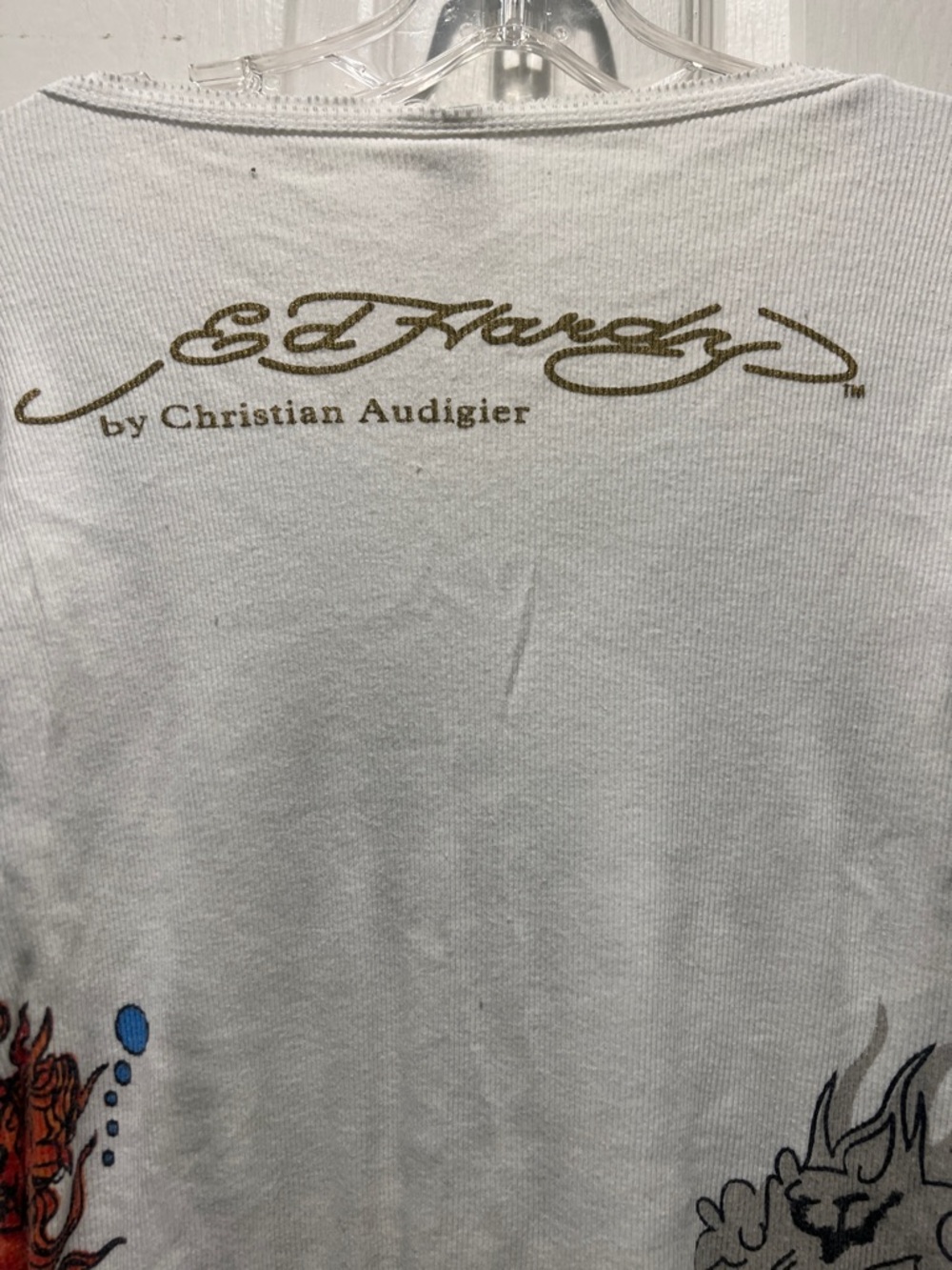 Ed Hardy White Long Sleeve V-Neck Top with Gold, Black and Red Graphics - Picture 8 of 9